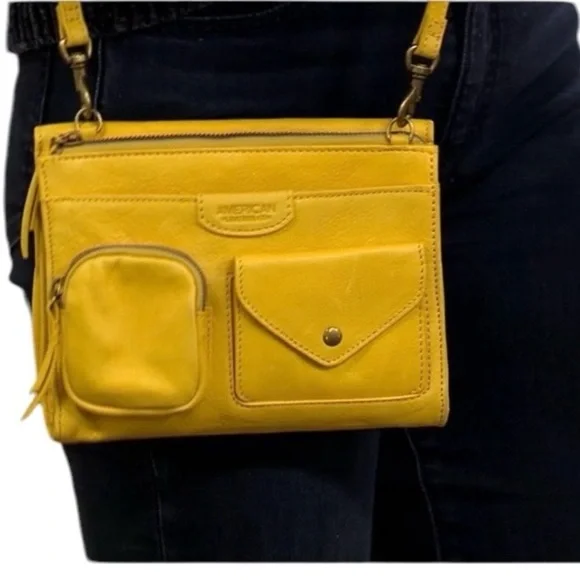 AMERICAN LEATHER Linden Lemon Curry Yellow Leather Crossbody Wallet Organizer.‎ - Picture 2 of 10